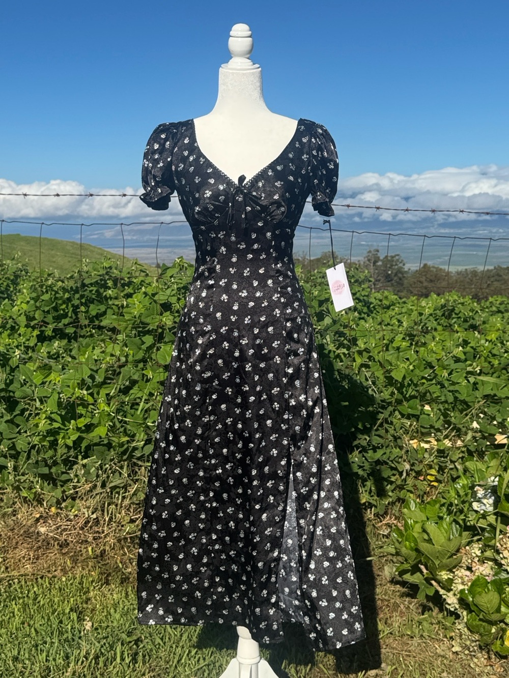 Y2K 90s black satin floral baby doll maxi dress Crystal Doll XS